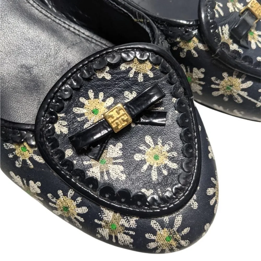 TORY BURCH Daisy Floral Navy Blue Flats Loafers 7